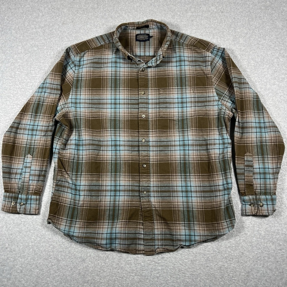 Pendleton Shirt Mens XXL Brown Flannel Button Down Mason Plaid 100% Cotton